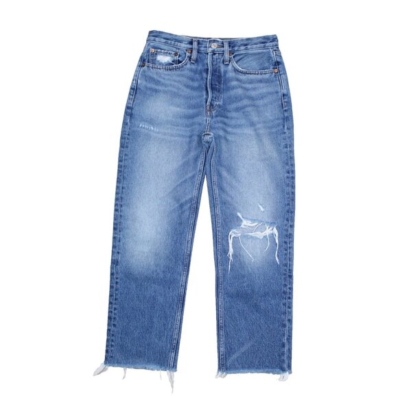 Re/Done Jeans 70s Stove Pipe Raw Hem 28 Blue High Rise Denim Button Fly Distress - Picture 6 of 6